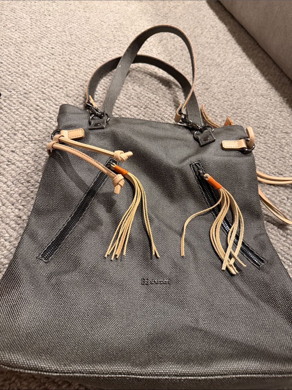 Sherpani Black Canvas Tote with Tan Tassels